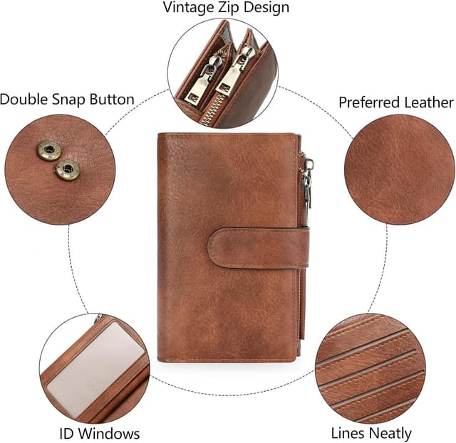 Detalle de GOIACII bifold leather wallet for women with RFID blocking, 16 card slots and zip coin pocket