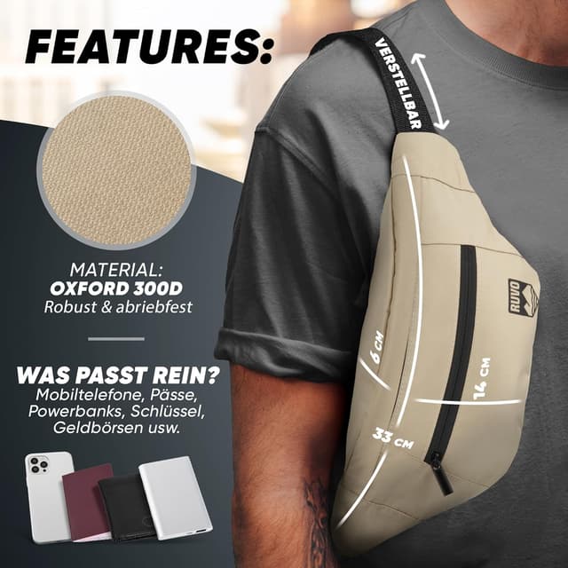 Detalle 2 de RUVO Sac banane beige unisexe à 4 compartiments zippés