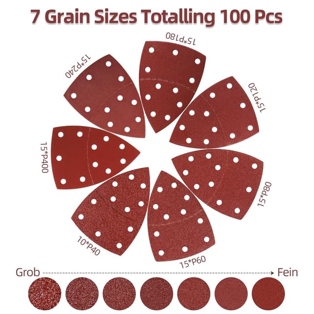 Detalle 2 de Jokisa Schleifpapier-Set für Dreieckschleifer (100 Stück) 105 x 152 mm – Körnungen P40 bis P400