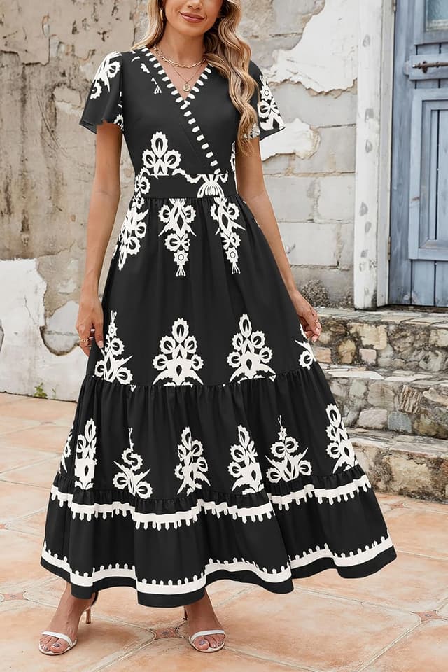 Detalle 2 de PRETTYGARDEN V-Neck Boho Maxi Dress for Women (Tiered Floral with Pockets, Bell Sleeves)