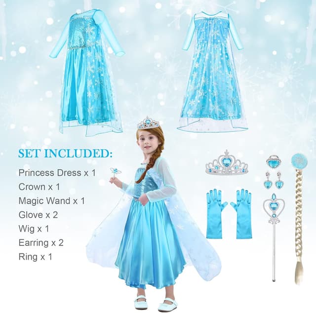 Detalle de URAQT Kinder-Prinzessinnen-Kostümset (9-teilig) mit Kleid, Krone, Zauberstab, Handschuhen & Accessoires