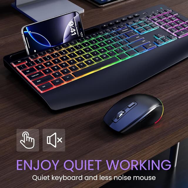 Thumbnail 6 de VEILZOR 2.4G Wireless Keyboard and Mouse Combo with Phone Holder, Rechargeable + RGB Wrist Rest