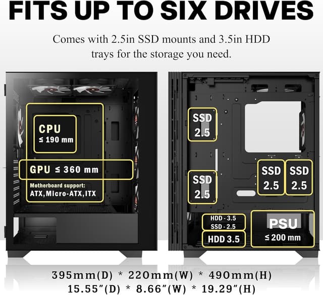 Detalle 2 de KEDIERS PC-Gehäuse H05 (ATX Mid Tower) mit 6× PWM ARGB-Lüftern, gehärtetes Glas und USB-I/O, schwarz