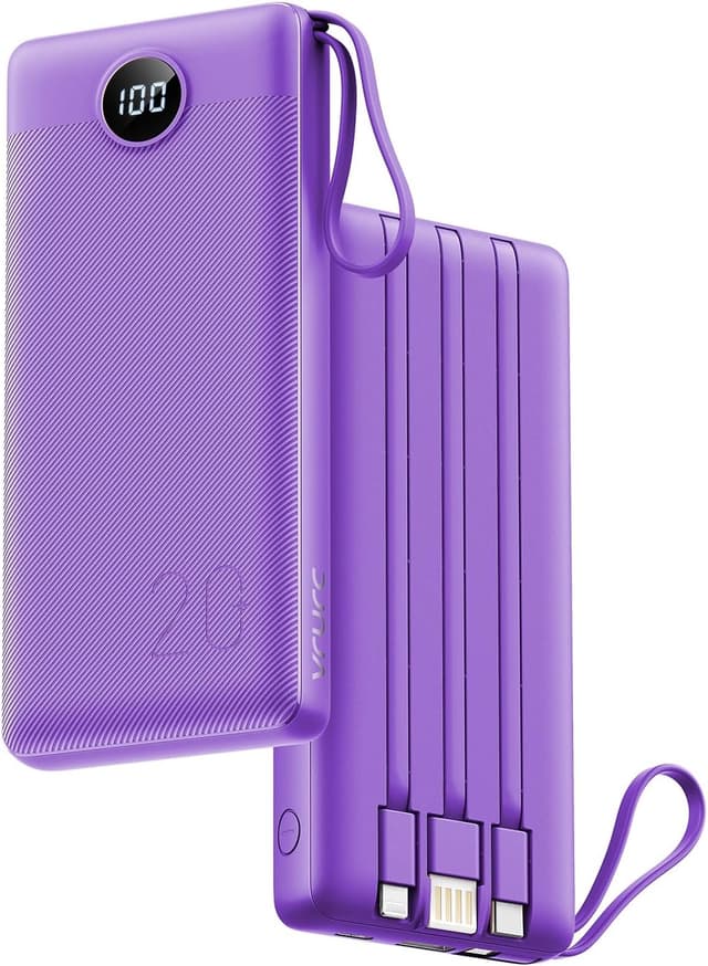 Detalle de VRURC Batterie Externe 20000 mAh avec 4 câbles intégrés et USB-C (20 W) — Violet