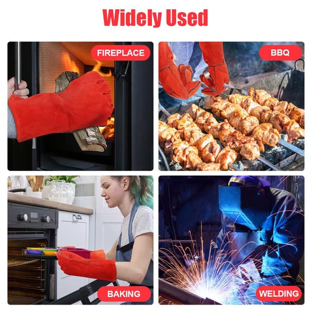 Thumbnail 6 de AUAUY Heat-Resistant Long Leather Gauntlets – protective fire gloves for welding, BBQ, oven & fireplace use (red)