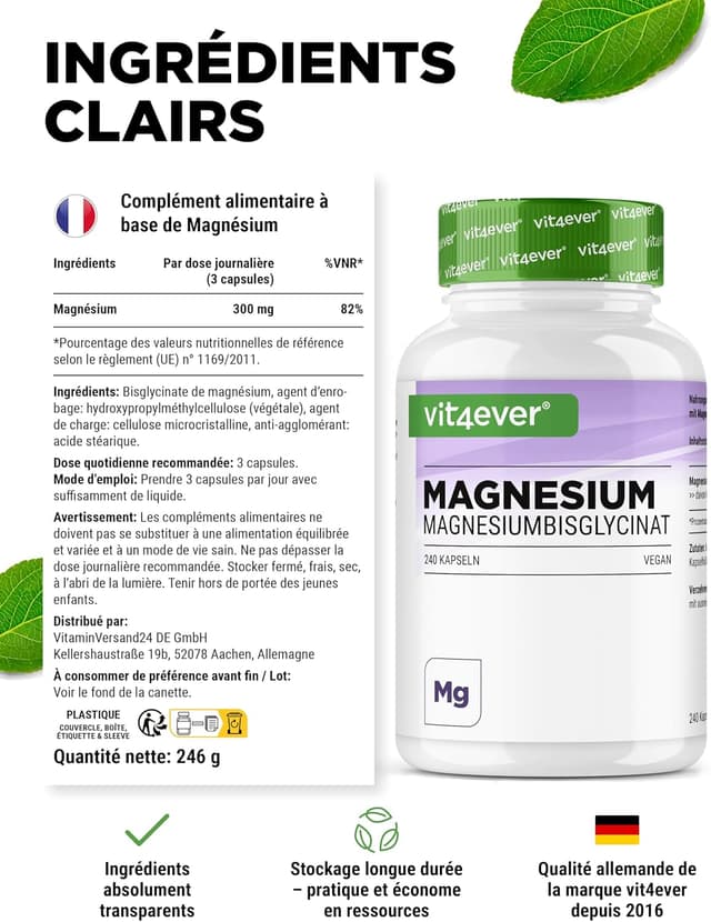 Detalle de Bisglycinate de magnésium 240 gélules (300 mg de magnésium élémentaire par dose journalière) – Vegan