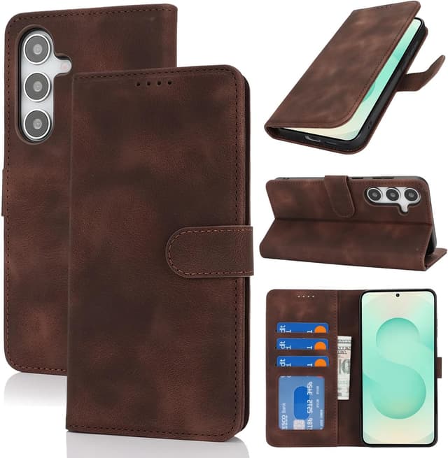 Detalle de Zouzt Hülle für Samsung Galaxy S25 Plus – stoßfeste PU-Leder Flip-Hülle mit Kartenhalter & verstellbarem Stand (Vintage Dunkelbraun)