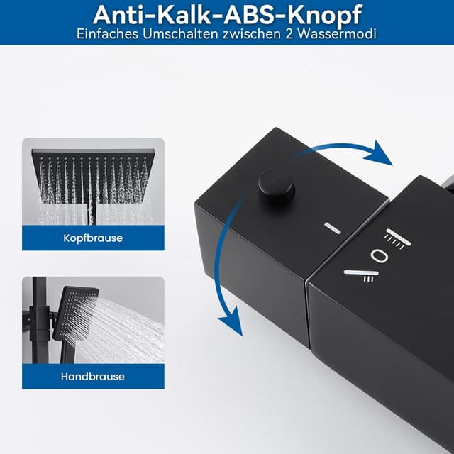 Detalle 2 de Auralum Regendusche Komplettset mit Thermostat – schwarz, 25×25 cm Quadratrose, höhenverstellbare Edelstahl-Duschstange (Messingarmatur)