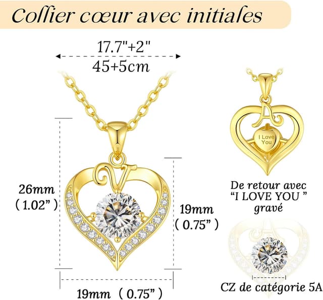 Detalle de LOUISA SECRET Collier femme A-Z avec initiales en capitales et pendentif cœur d’amour, plaqué or 18K