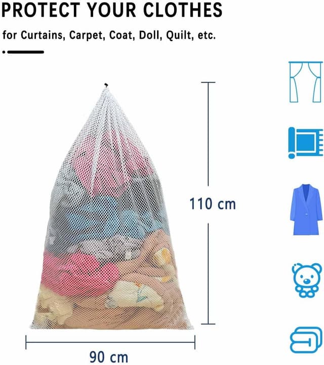 Detalle de 2er-Set Wäschenetz Groß (90 x 110 cm, XXXL) mit Kordelstopper – für Waschmaschine, Schutz & Sortieren