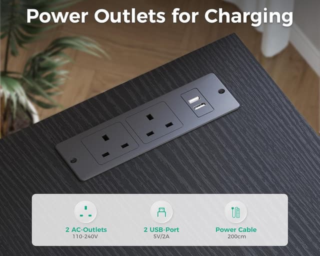 Detalle 2 de Coleshome Computer Corner Desk with Drawers (140×70 cm) with Built-in Power Outlet, L-shaped, Black