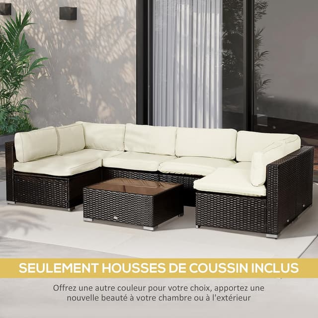 Detalle de Lot de 14 housses de rechange Outsunny pour coussins de salon de jardin (crème) : 6 assises + 8 dossiers