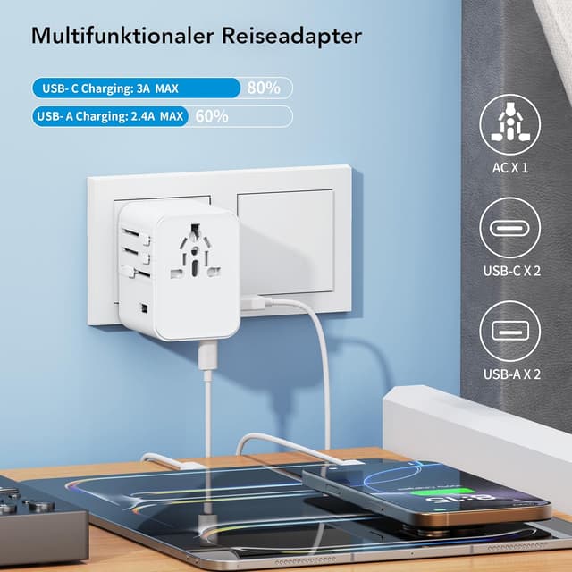 Detalle de Universal Reiseadapter 2025 mit 2 USB‑A 2 USB‑C 🌍
