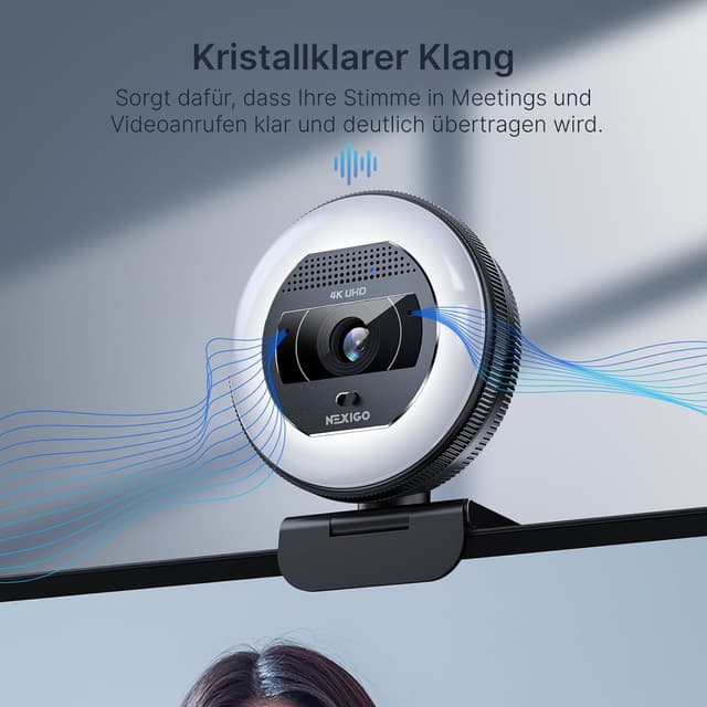 Detalle de NexiGo N930E Pro 4K-Webcam mit Ringlicht, PDAF-Autofokus und Dual-Mikrofon
