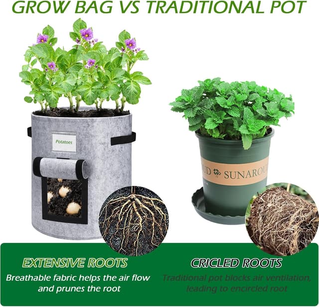 Detalle de Potato Grow Bags 4 Pack (15 Gallon) Breathable Planter Bags with Handle – 2 Black & 2 Grey