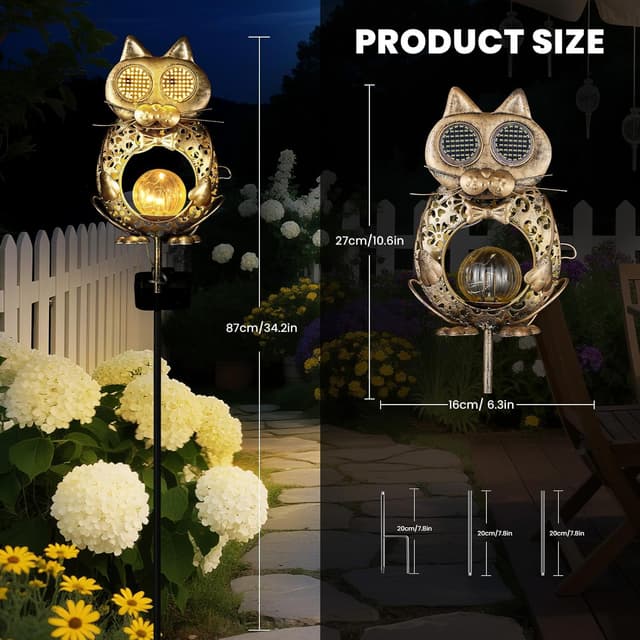 Detalle 2 de Global Golden Solar Cat Garden Light with Auto On/Off, 2 LED Modes and IP55 Weatherproofing