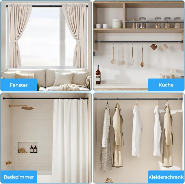 Thumbnail 6 de Zipglo Teleskop-Duschvorhangstange ohne Bohren (113–196 cm) in Schwarz – Spannstange für Bad, Küche & mehr