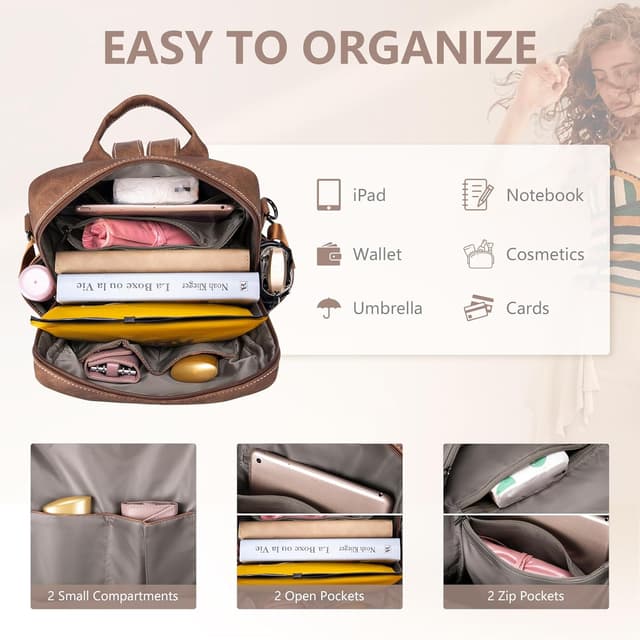 Detalle de SUCIKORIO Zaino Donna in Pelle elegante con borsa antifurto e tasche multiple, cuoio