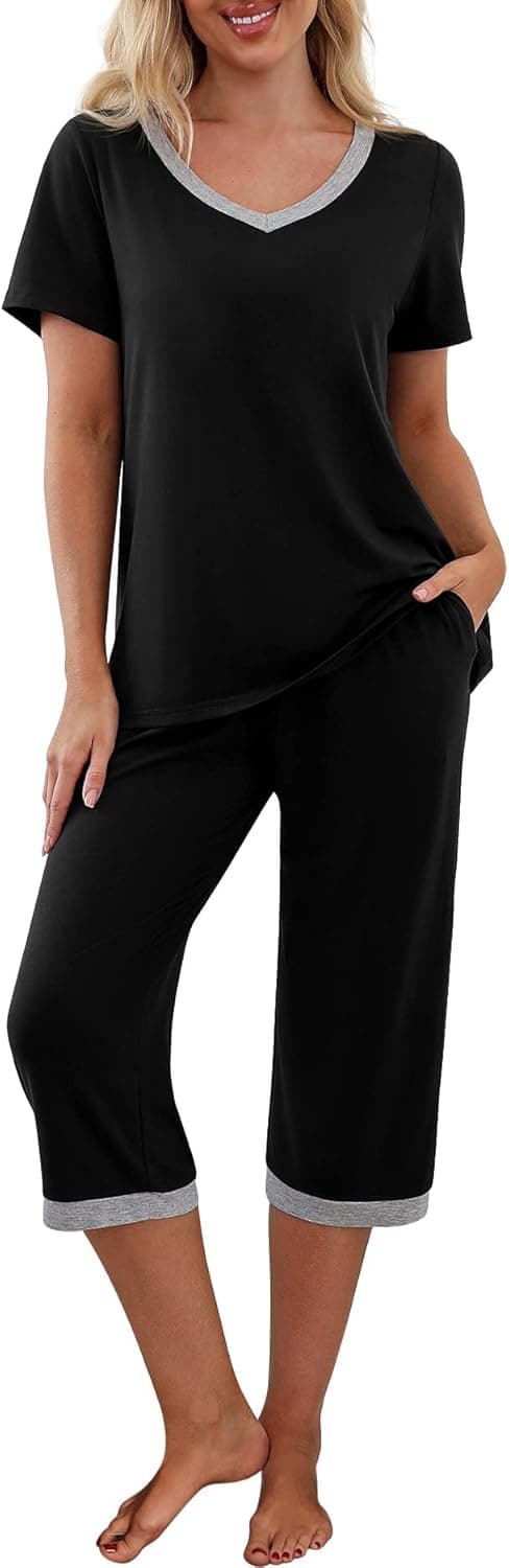 Detalle de PrinStory women’s short sleeve pyjamas set with capri pants and pockets (rayon blend)