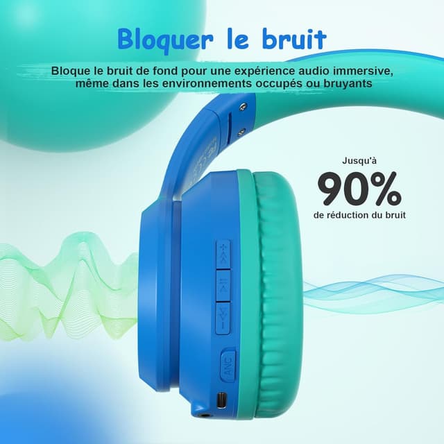Detalle de Casque Bluetooth enfant TONOSHARK sans fil (bleu foncé) – antibruit, micro intégré, autonomie jusqu’à 60 h, étui inclus
