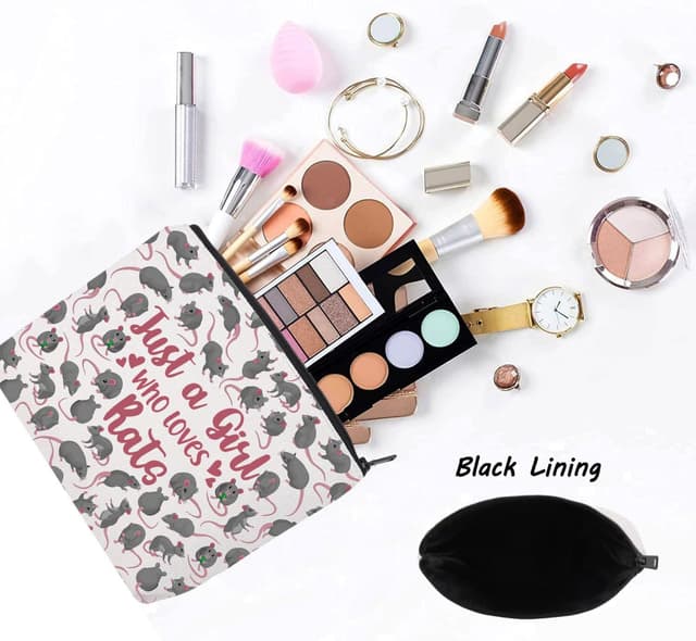 Detalle de LEVLO Funny Rat Canvas Cosmetic Bag – “Just A Girl Who Loves Rats” 3D Print Zip Pouch