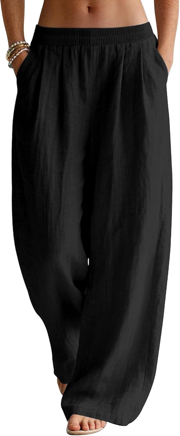 Detalle de Rapbin Linen Trousers for Women – Wide Leg Palazzo Pants with Elasticated Waist and Pockets
