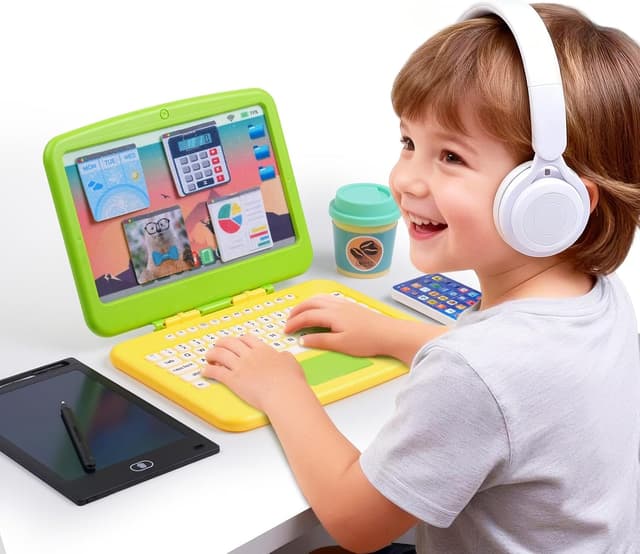 Detalle de Yeeammk Pretend Play Home Office Set for Kids (ages 3-7) with laptop, smartphone & writing tablet