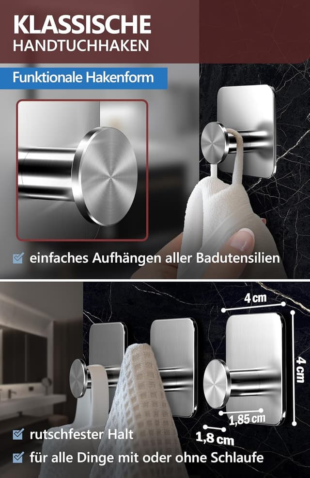 Detalle de 4smile Handtuchhalter ohne Bohren (6 Stück) aus Edelstahl – selbstklebende Klebehaken in Silber