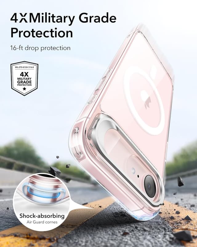 Detalle de ESR MagSafe case for iPhone 17e/16e with built-in stand and military-grade drop protection (clear)
