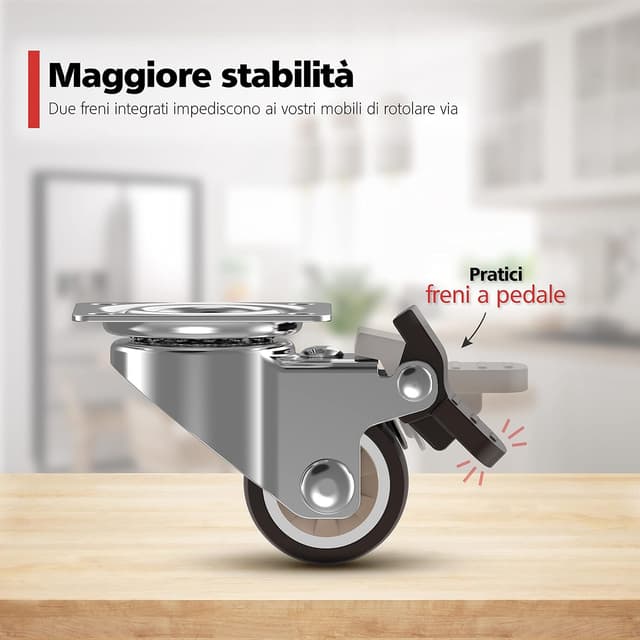 Detalle de RAVN HAMAN set di 4 ruote pivottanti con freno per mobili da 25 mm, fino a 15 kg per ruota