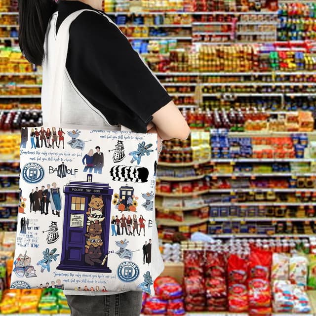 Detalle de BAUNA Dr TV Series Merchandise Tote Bag (Cats Doctors Police Box) – Whovian Cat In Space shoulder bag gift