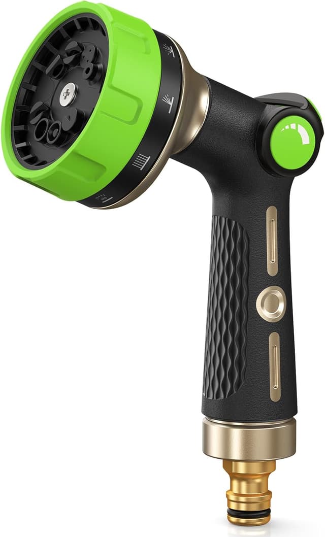 Detalle de RAINPOINT all-metal hose pipe spray gun with thumb flow control and 10 spray patterns (green)