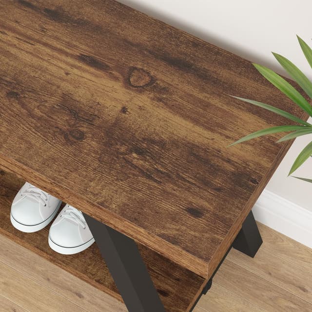 Detalle 2 de LVB rustikale Aufbewahrungsbank in Braun mit Schuhregal, Metall/MDF, 120 cm – Bank für Diele & Schlafzimmer
