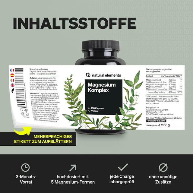 Thumbnail 5 de natural elements Magnesium Komplex 400 mg — Nahrungsergänzungsmittel 💊