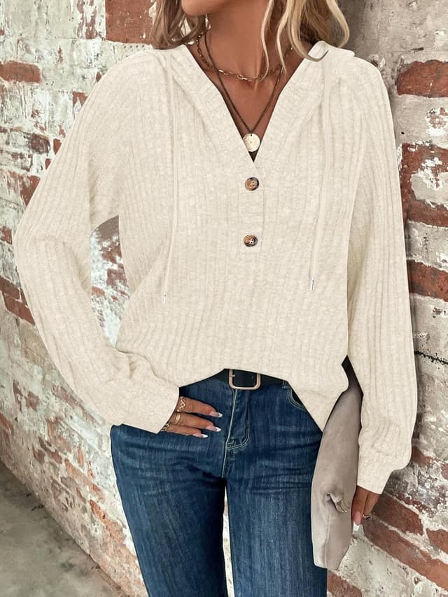 Detalle 2 de Syphiby women’s long sleeve hoodie tunic jumper with drawstring, V-neck and button front