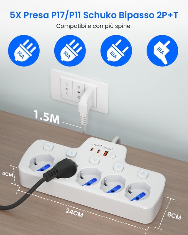 Thumbnail 5 de Ciabatta Elettrica Multipresa 5 Posti Schuko 16A