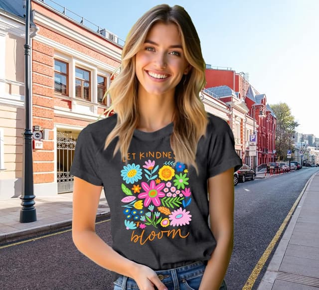 Detalle de Qskall Women’s “Flora Be Kind” T-shirt – Let Kindness Bloom inspirational floral tee