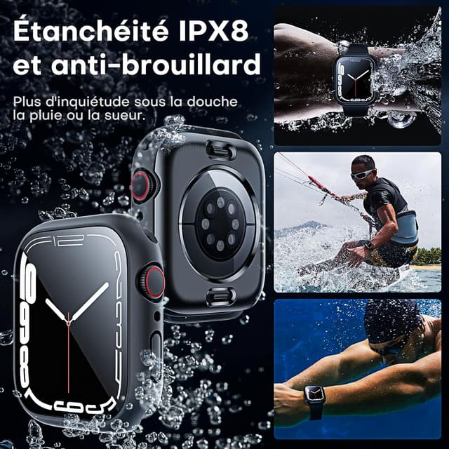 Detalle 2 de TAURI pack coque étanche IPX8 + verre trempé 9H pour Apple Watch Series 9/8/7 41 mm (2023), noir