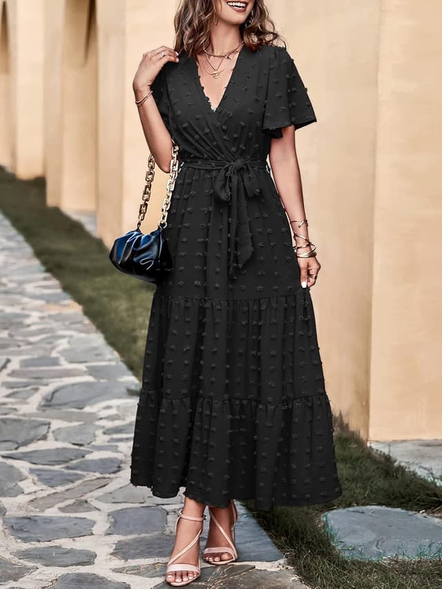 Detalle 2 de MASCOMODA Women’s Swiss Dot Maxi Dress with Wrap V-Neck & Flutter Sleeves