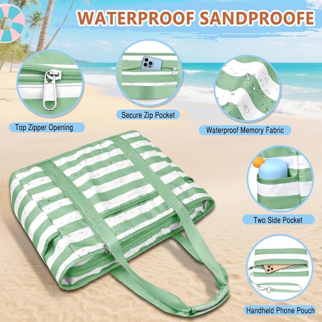 Detalle de KTUEOV Sac de plage femme XXL 45 L pliable et imperméable, avec fermetures et compartiments pour piscine, voyage et shopping