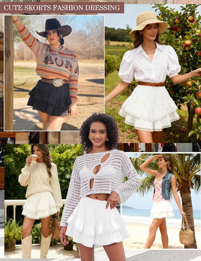 Detalle de LOMON Flowy Skorts for Women Ruffle Tiered High Waist Crochet Skirt-Shorts