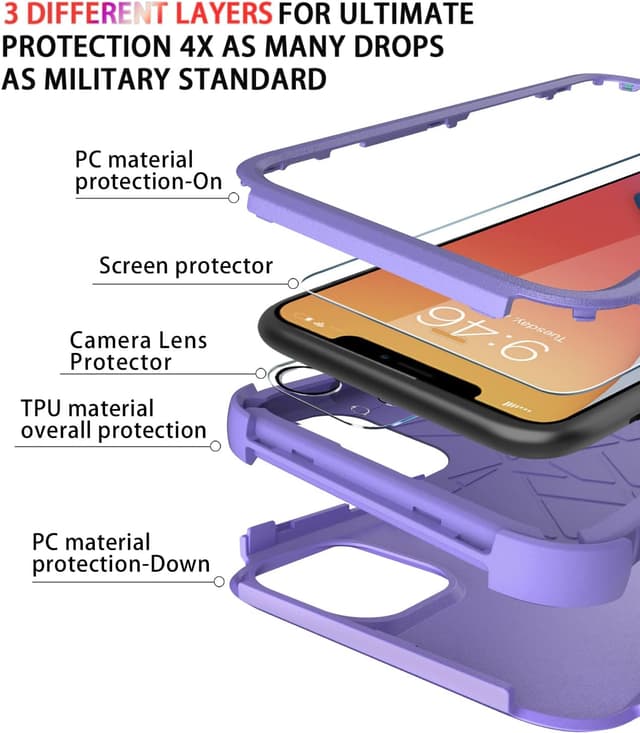 Detalle 2 de Diverbox iPhone 11 Case (Purple) with Tempered Glass Screen Protector – Shockproof, Drop-proof 3-in-1