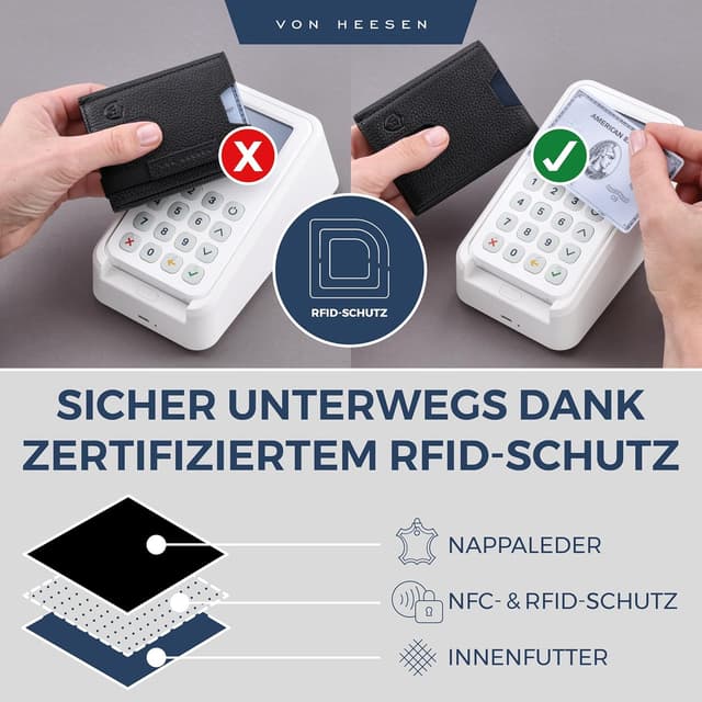 Detalle de VON HEESEN Slim Wallet mit Münzfach & RFID-Schutz aus Nappaleder – schwarze Mini-Geldbörse