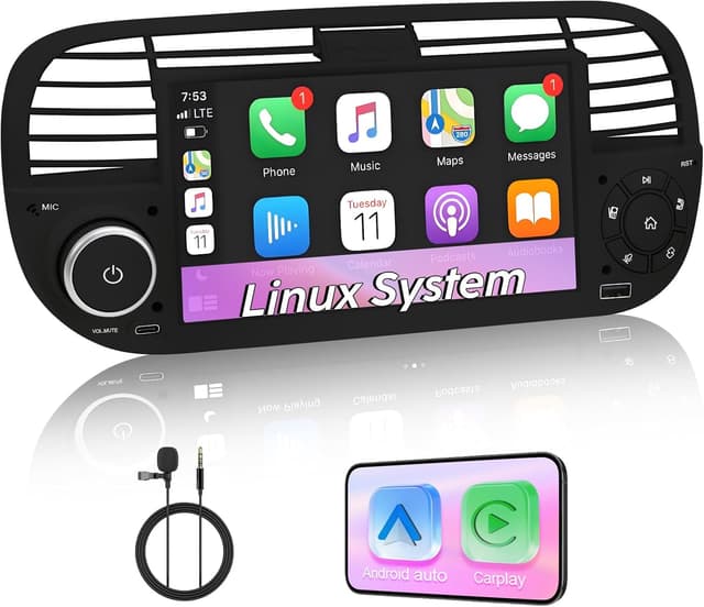 Detalle de Autoradio mit 7" Touch-Display für Fiat 500 (2007–2015) – drahtloses CarPlay & Android Auto, Bluetooth, USB