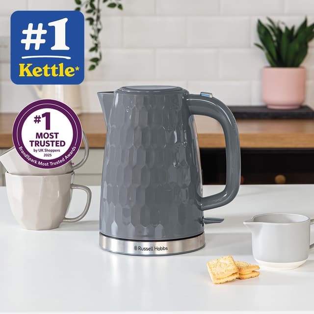 Detalle de Russell Hobbs Honeycomb 1.7L Cordless Electric Kettle (26053) – grey plastic, fast boil 3KW