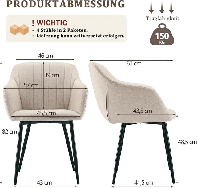 Detalle de Goeurvant 4er-Set Esszimmerstühle Beige mit Armlehnen – gepolsterte Leinenoptik und Metallgestell