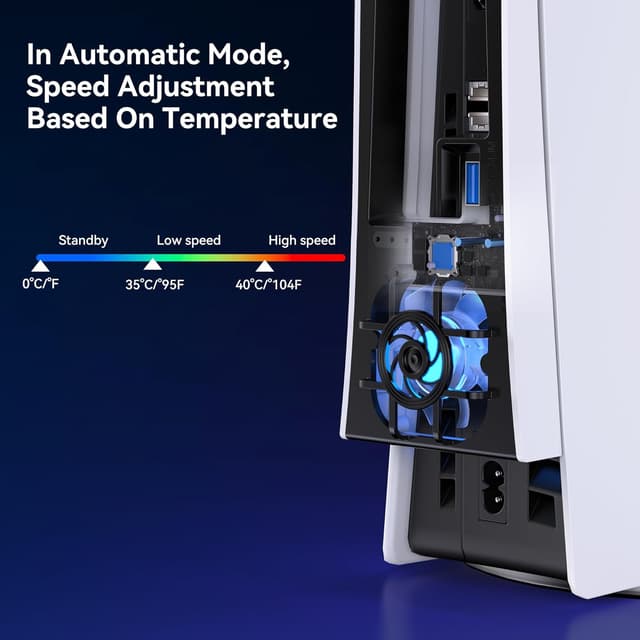 Detalle de NEWDERY Cooling Fan for PS5 Slim Console – quiet temperature-adjustable fan with USB 3.0 pass-through and dynamic RGB