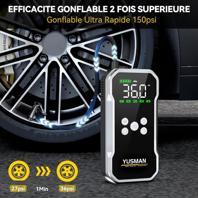 Detalle de YUSMAN Booster Batterie Voiture 6000A avec compresseur 150 PSI (12V) – démarrage portable + power bank 15800 mAh