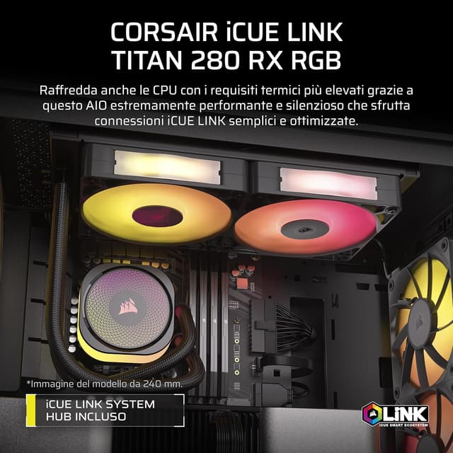 Detalle de CORSAIR iCUE LINK TITAN 280 RX RGB (280mm) con 2 ventole RX140 RGB e Hub iCUE LINK incluso