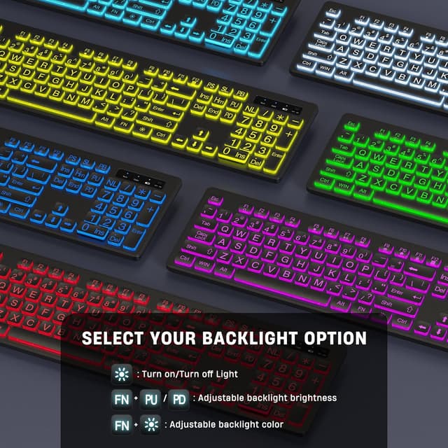 Detalle 2 de KOPJIPPOM Large Print Wireless Keyboard and Mouse Combo with 7-Color Backlit Keys (Rechargeable, 2.4GHz)